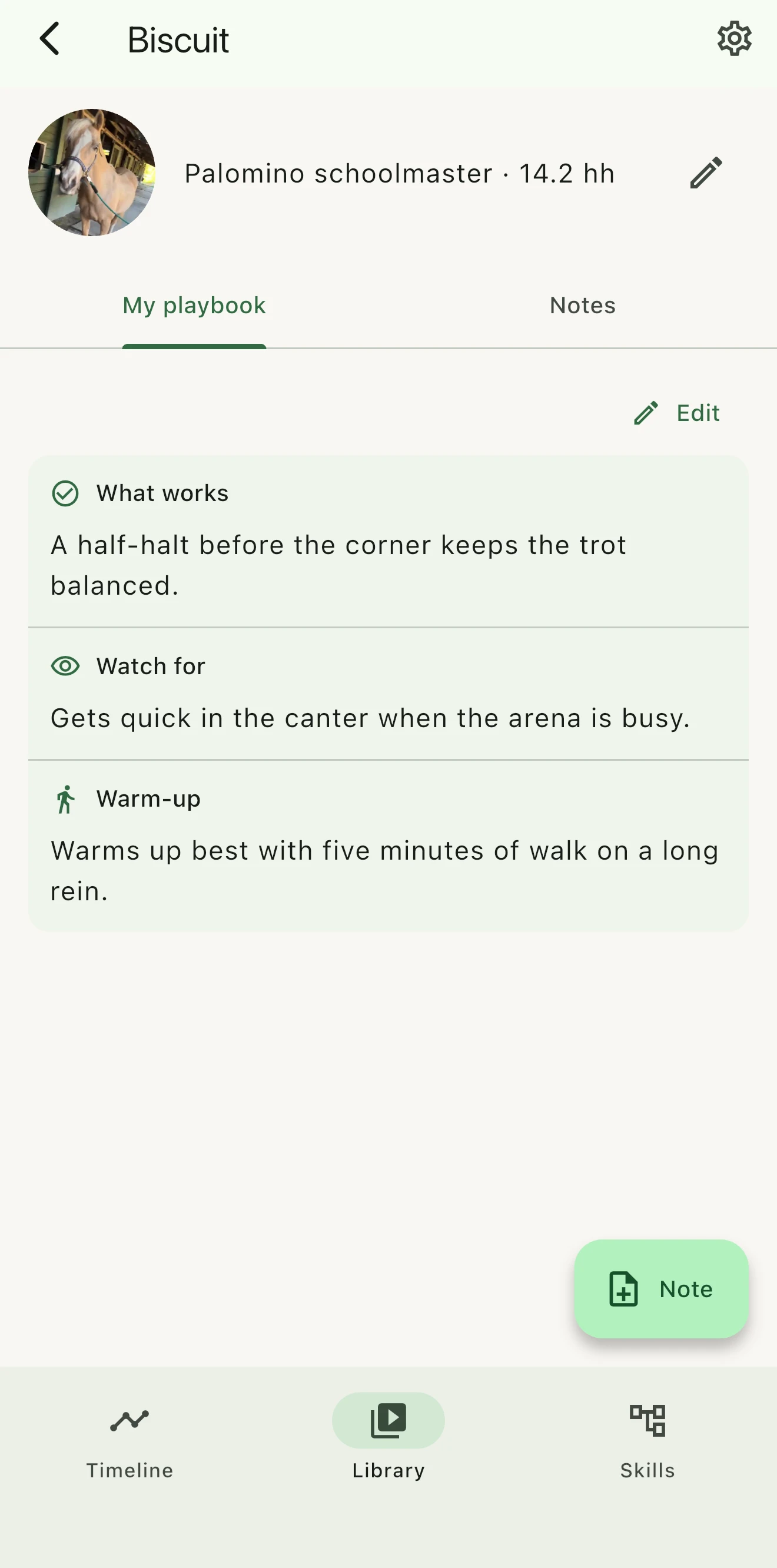 ReinTrace horse profile for Biscuit with a photo, the Playbook sections What works, Watch for, and Warm-up, and related riding notes