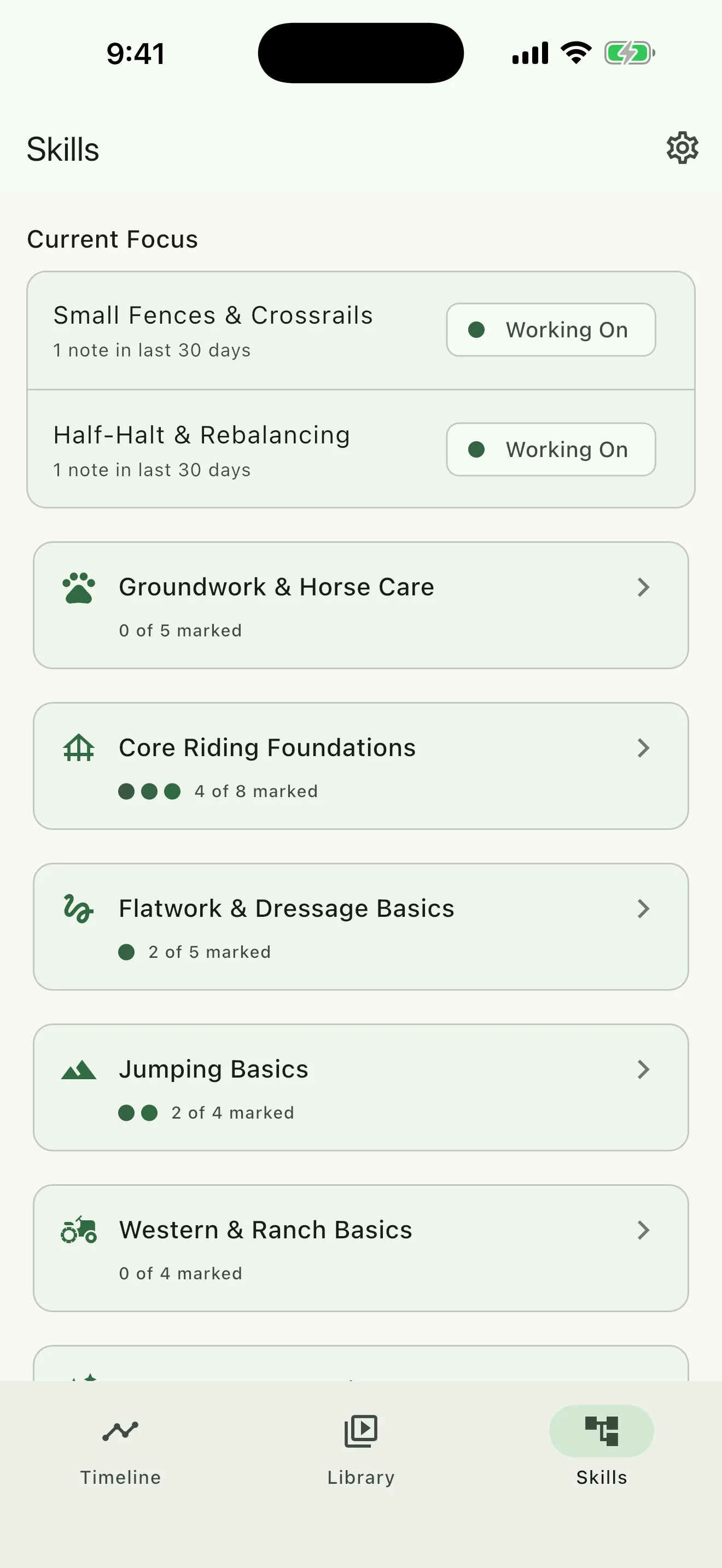 ReinTrace Skill Map with Current Focus skills marked Working On above riding skill branches