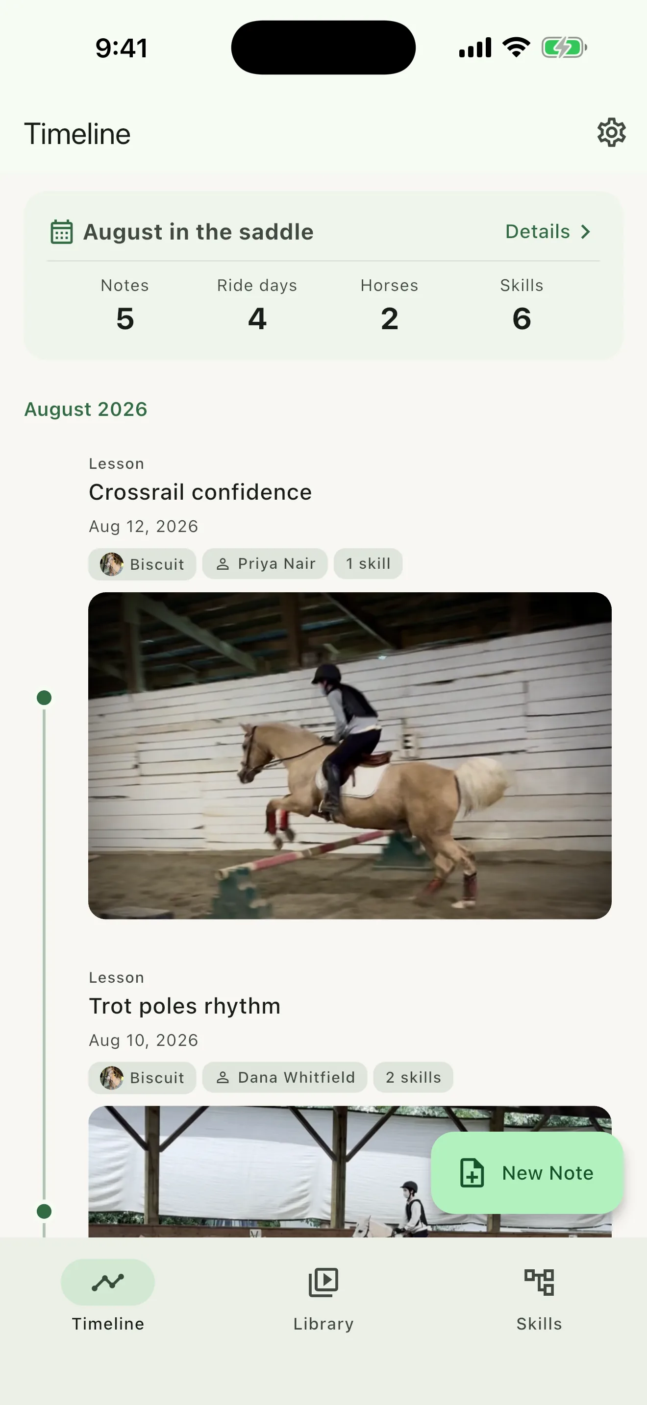 ReinTrace Timeline with an August in the saddle recap card above lesson notes, each tagged with the horse, instructor, and skills
